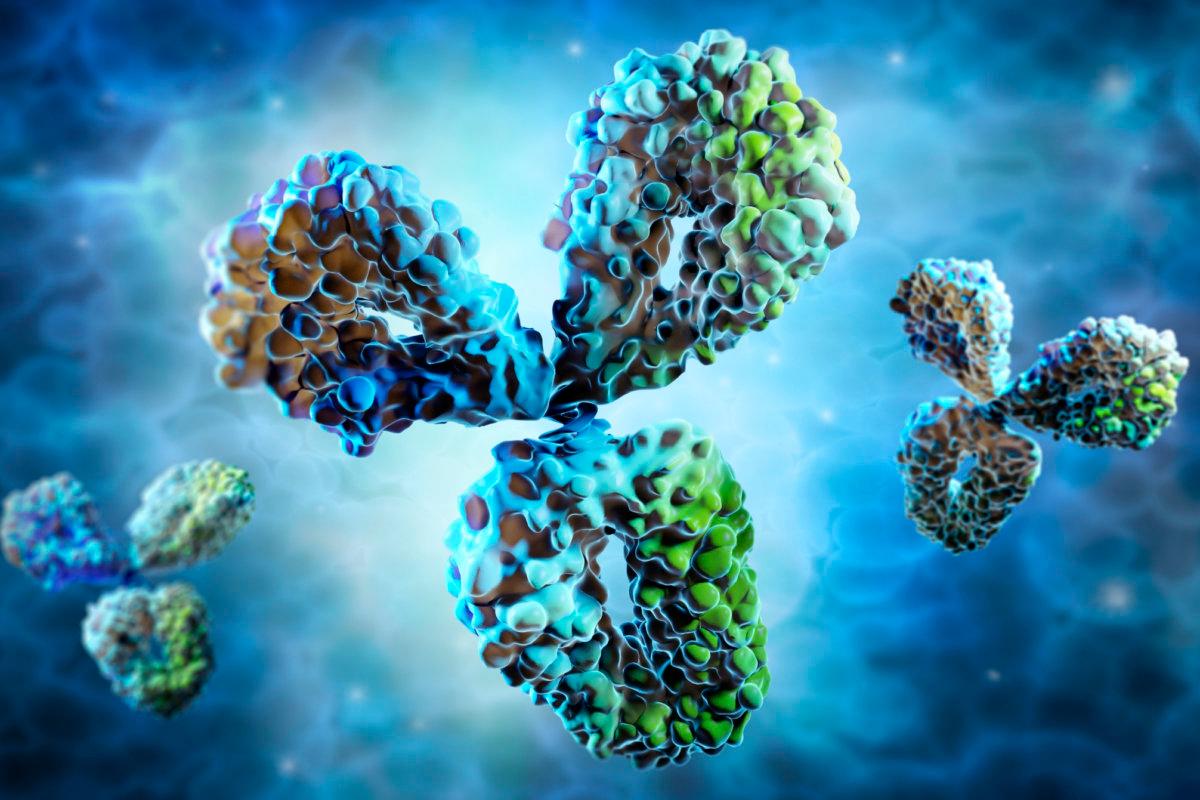 Medizinische 3D-Illustration von Antikörpern mit Zellhintergrund