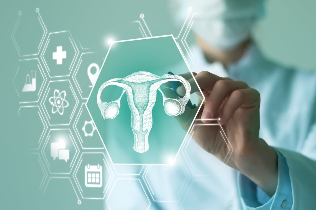 Telemedicine and human Uterus recovery concept. Turquoise color palette, copy space for text.