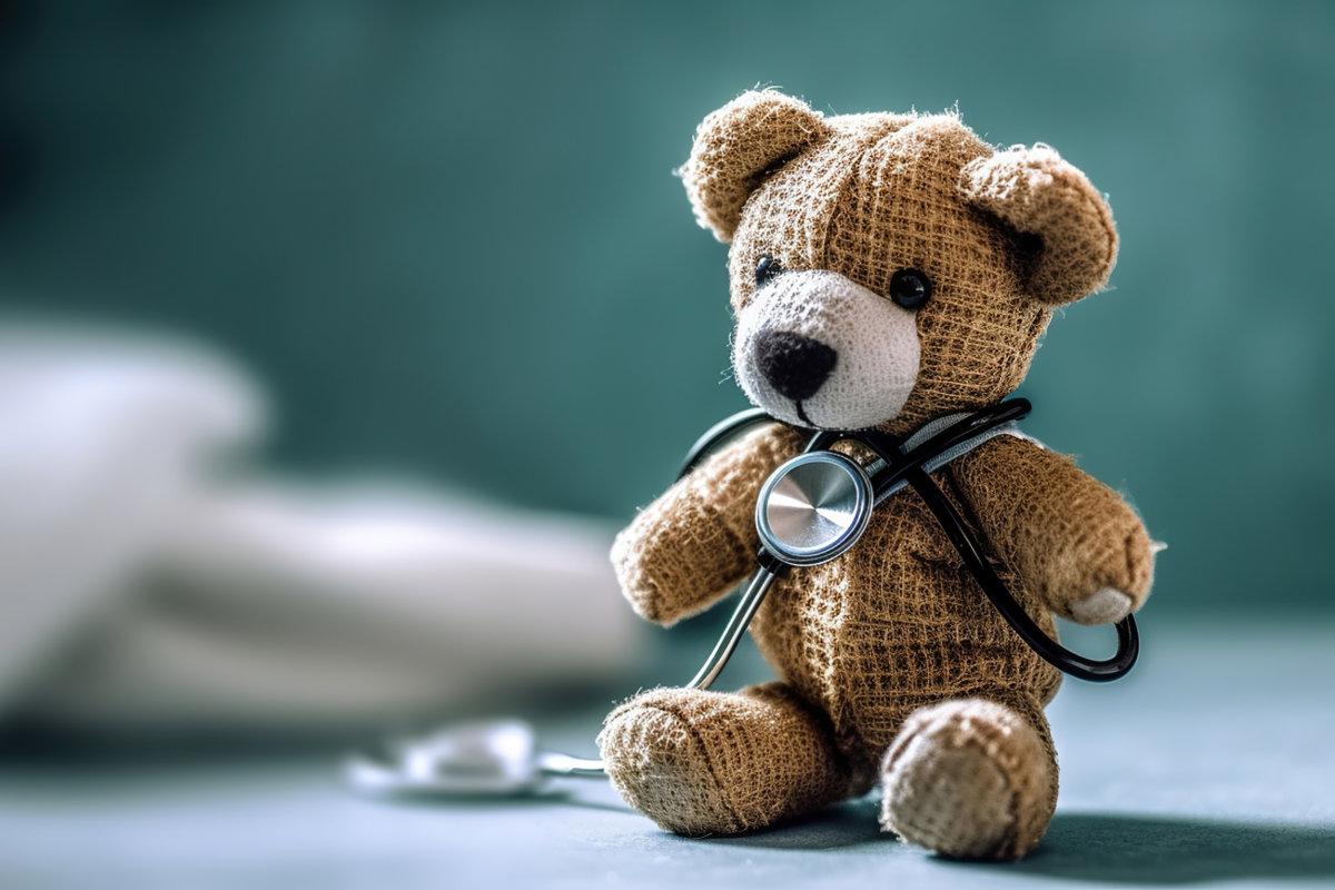 Close up Bandaged Plush Teddy Bear with Stethoscope Device on Top of a Glass Table. Generative Ai