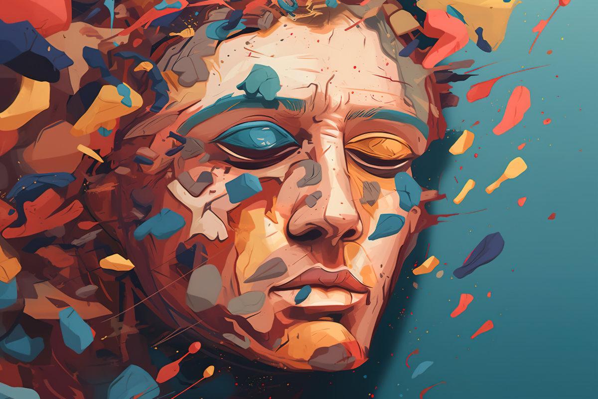 Pensive, tense male face with closed eyes. Psychology or mood colorful abstract art illustration concept.