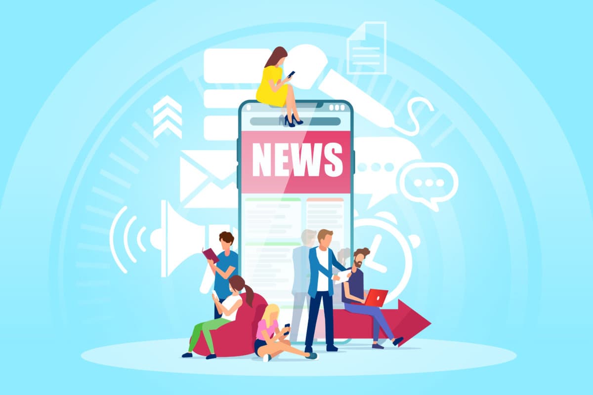 Vektor von Männern und Frauen stehen neben einem großen Smartphone und nutzen Mobiltelefone und Gadgets, um die neuesten