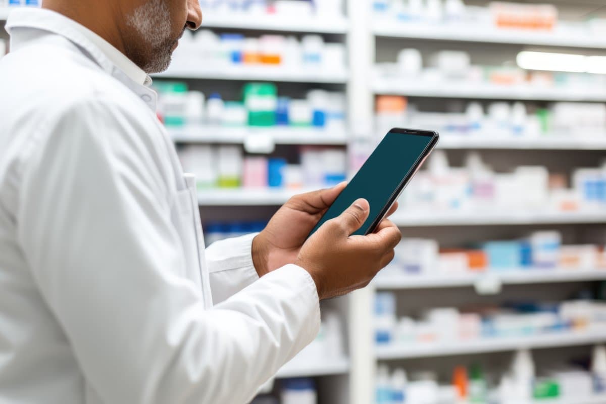 A man stands in a pharmacy holding a tablet device while looking at the screen.