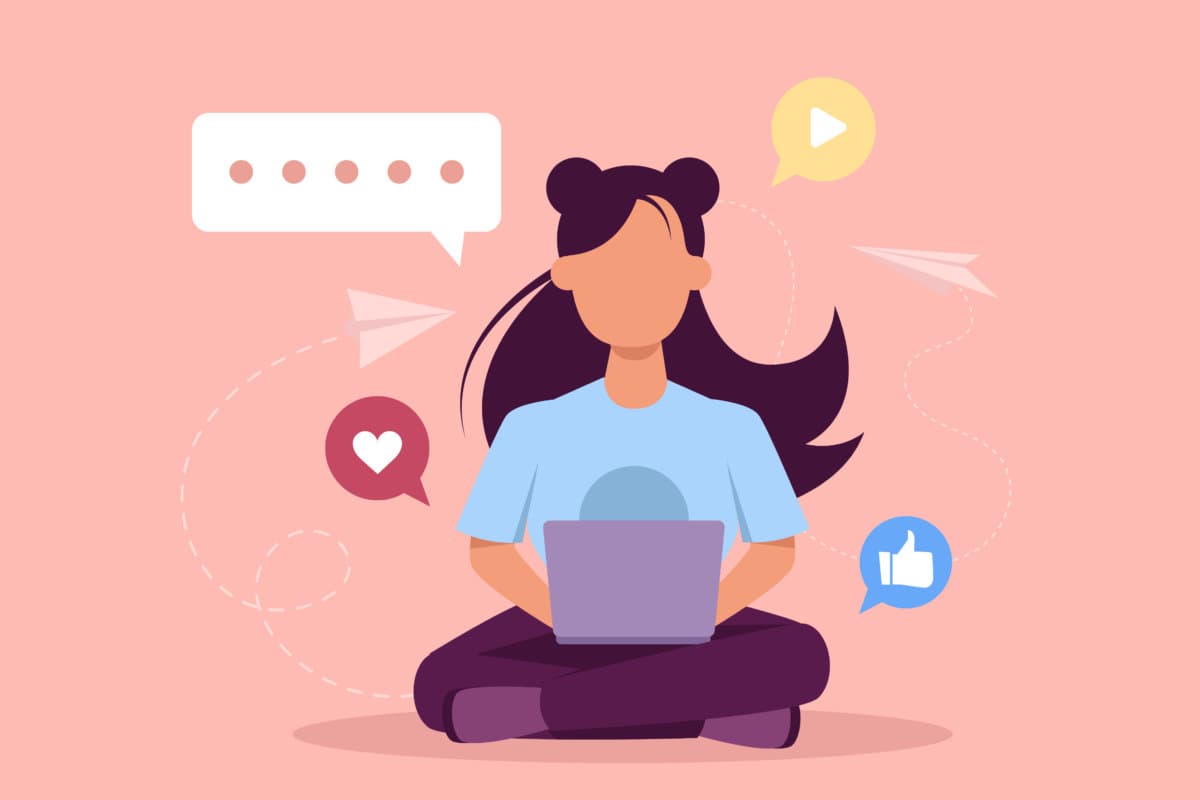 Social media marketing. Vector of an influencer using laptop computer