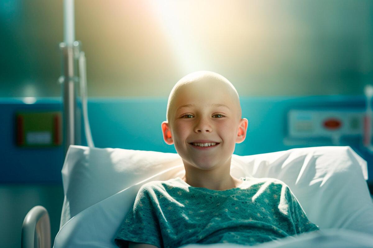 Glatzköpfiger Junge lächelt im Bett des Krebskrankenhauses