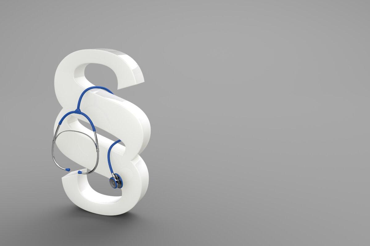 Porzellanabsatz mit blauem Stethoskop auf grauem Hintergrund. 3D-Illustration.