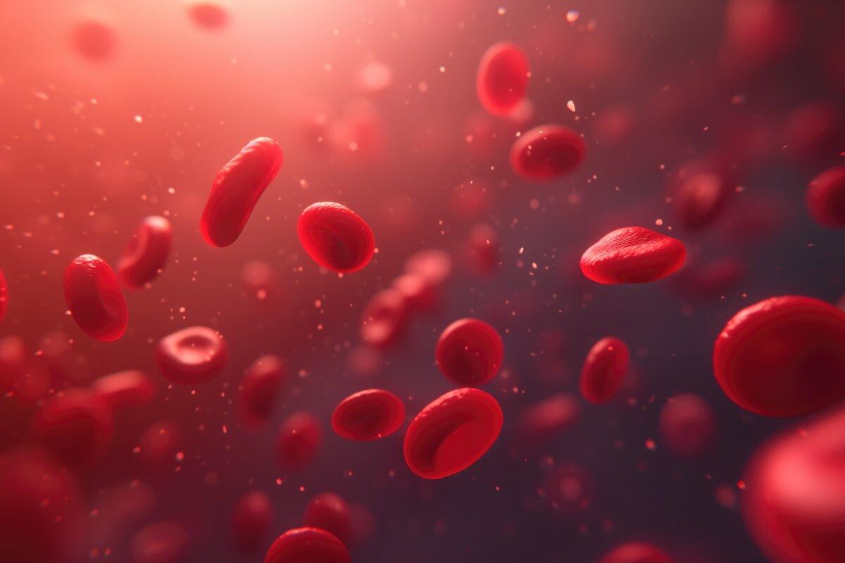 Rote Blutkörperchen fließen in einem lebendigen, klaren roten Strom, der Bewegung und Fluidität darstellt