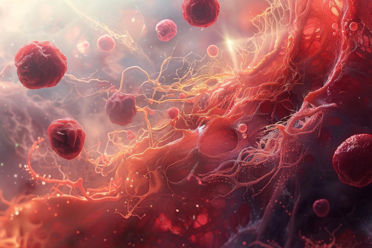 Makroaufnahme von Blutzellen, die sich durch Fettblockaden in einem Gefäß navigieren, eine dynamische Darstellung