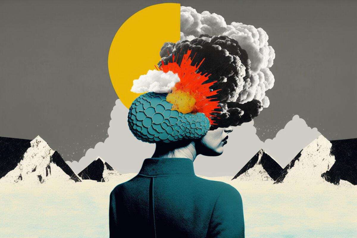 Kopfschmerz-Collage – Rückansicht, erstellt mit Generative AI-Technologie