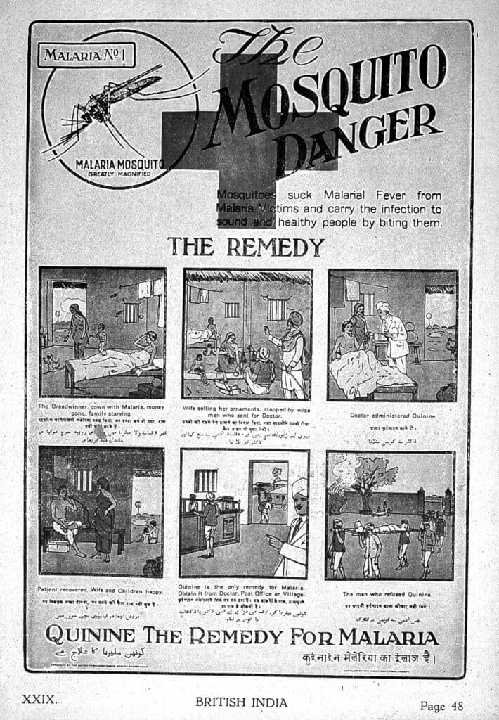 "Six different stages in the life of a man infected with malaria. Malaria and quinine." Werbesujet für Chinin als Malariatherapie.