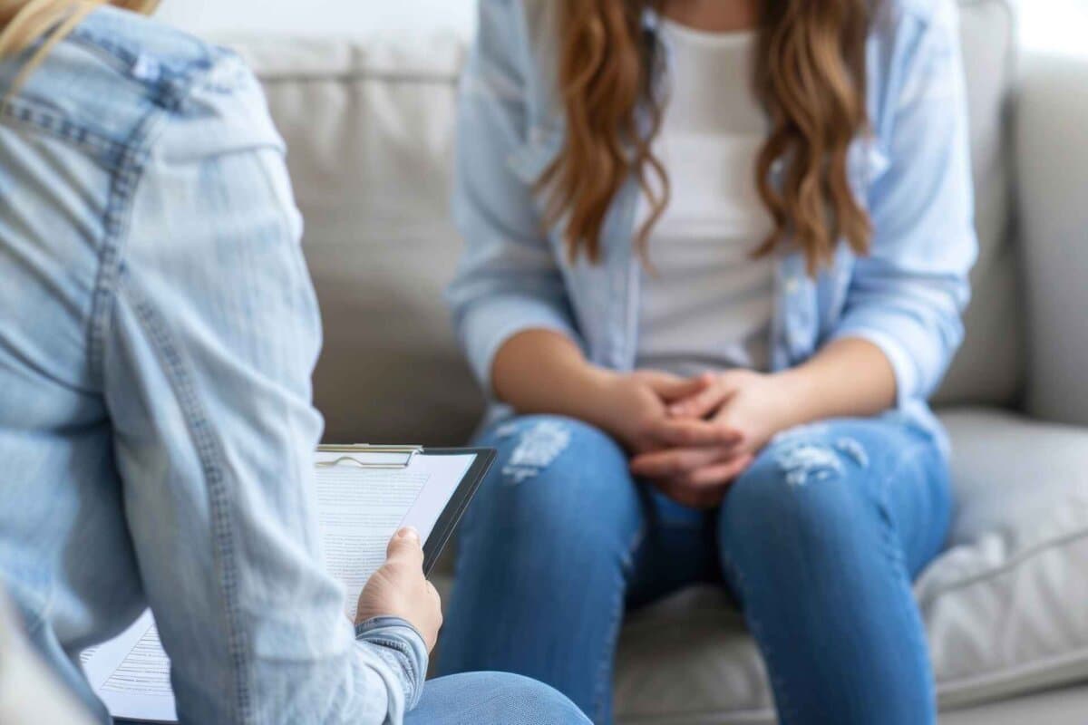 Therapiesitzende Person Jeans.