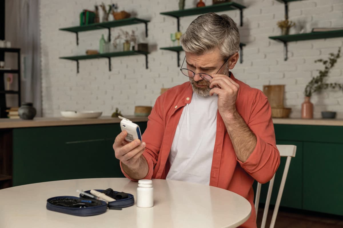 Grauhaariger Mann mittleren Alters mit Glucometer, der zu Hause den Blutzuckerspiegel überprüft