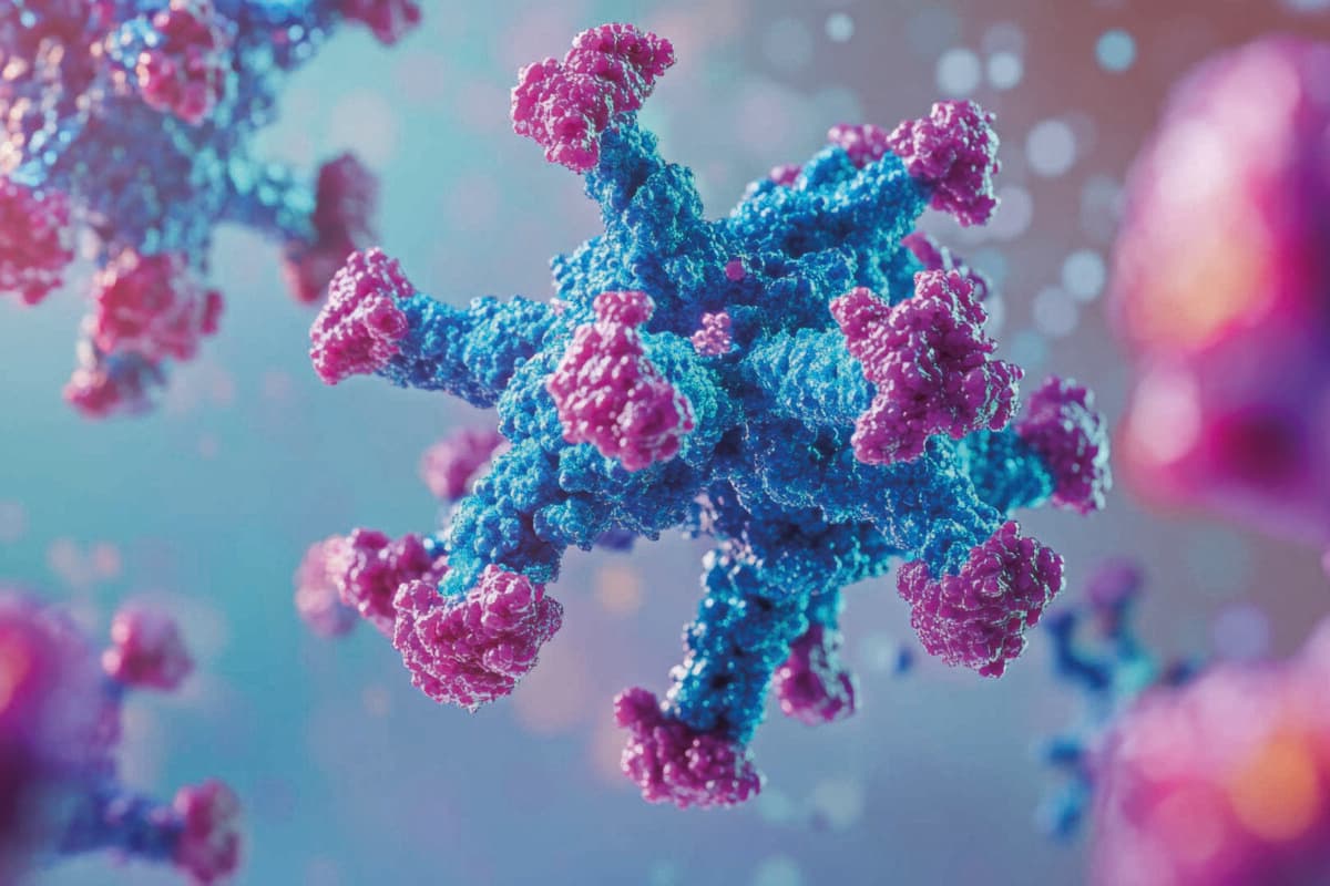 Eine Hightech-Visualisierung der CAR-T-Zelltherapie, die in einem Biotech-Forschungslabor entwickelt wird.