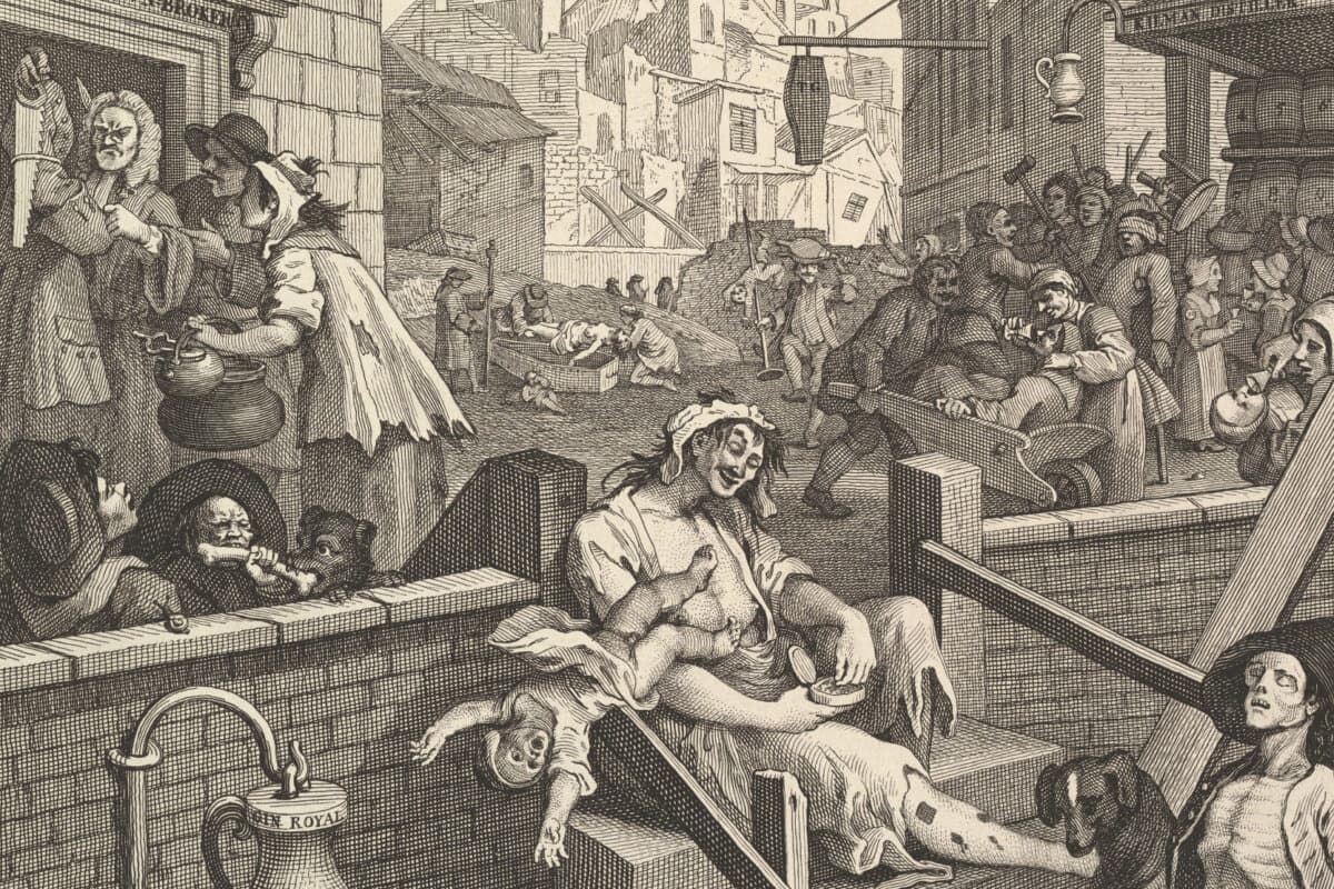 Detail aus der Radierung "Beer Street and Gin Lane" von William Hogarth aus 1751.