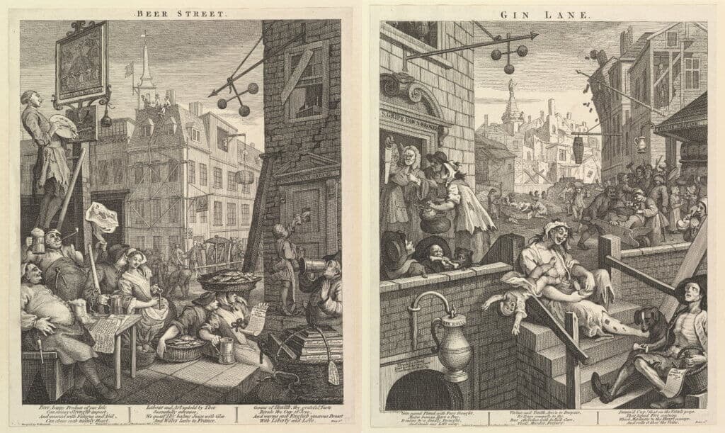 Radierung "Beer Street and Gin Lane" von William Hogarth aus 1751.