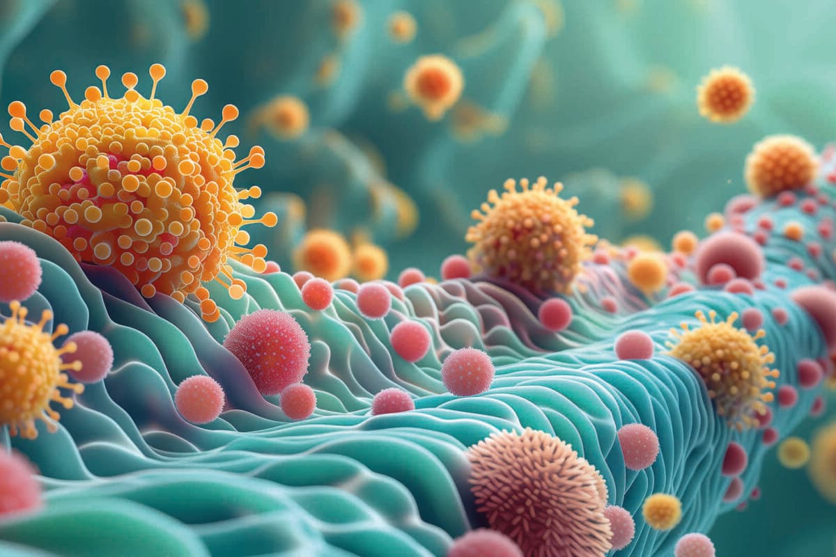 Myriad of microscopic organisms thrive within the digestive tract under a microscope