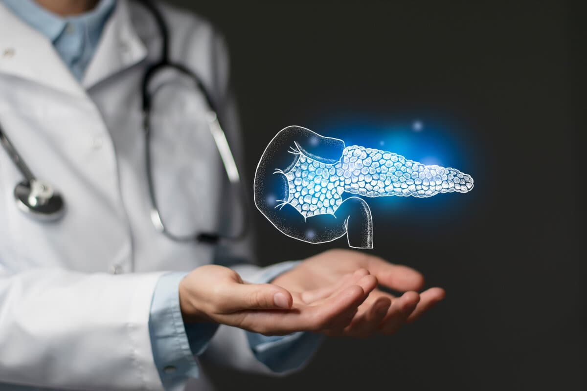 Pancreas issues medical concept. Photo of female doctor, empty space.