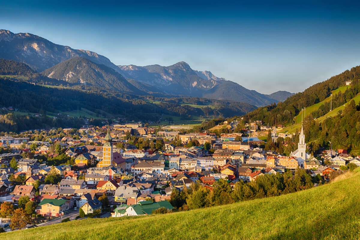 Schladming in the Austrian Ennstal in Styria during summer and autumn time. Cityscape view during evening light.