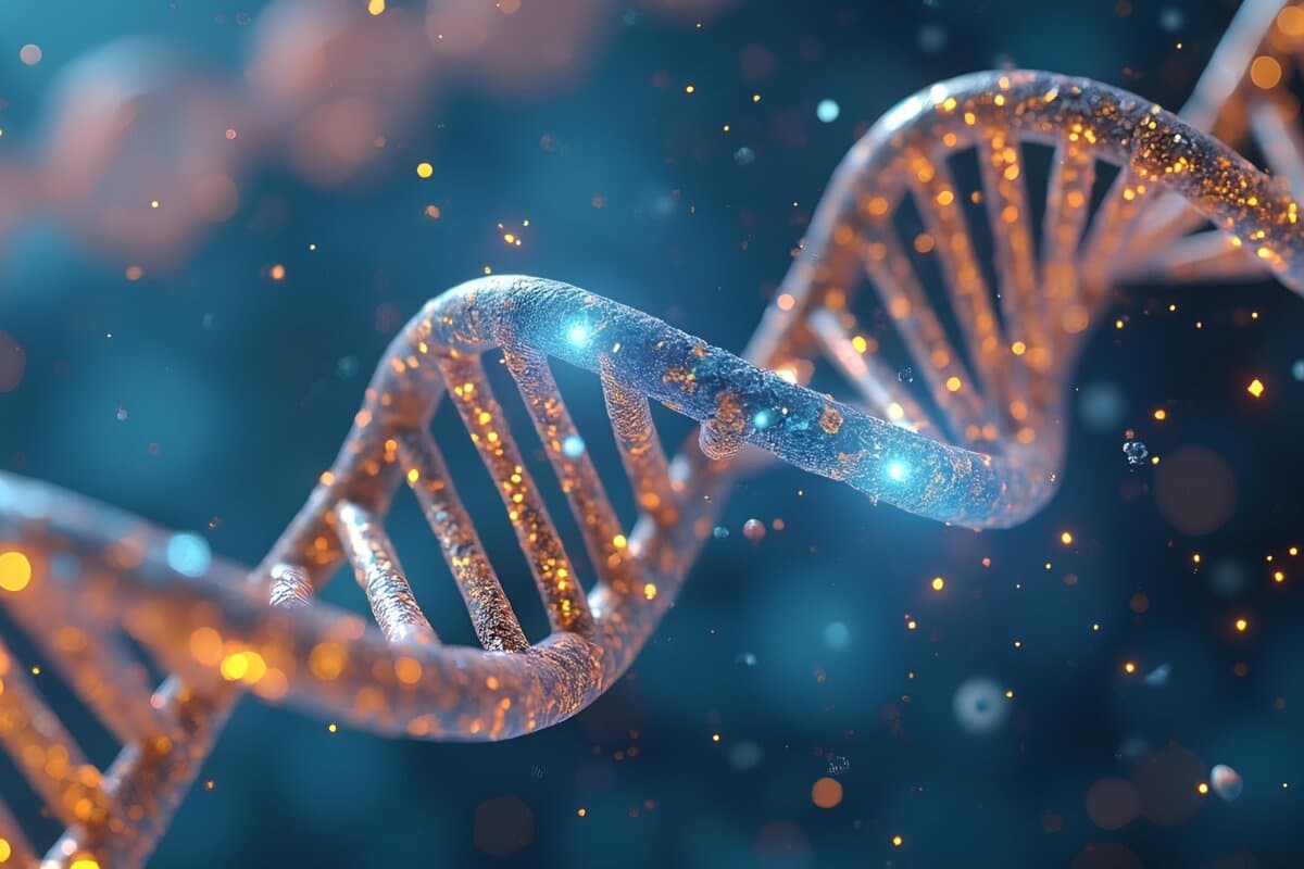 Close-Up of Glittery DNA Strand with Bright Glowing Particles on Blue Background